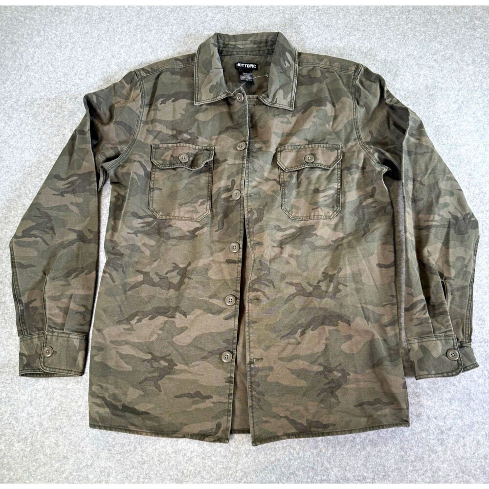 Hot Topic Camo Jacket Button Down Shirt Shacket Long Sleeve Green Utility Grunge